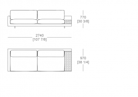 Sofa W. 2740 mm - armrest W. 100 mm, top support W. 300 x D. 840 mm, split sitting cushion 
